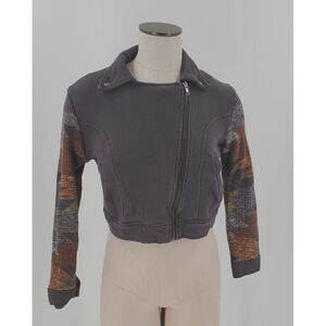 LulaRoe Presley Moto Jacket Cropped Zip Front Grey Aztec Sleeve Size XS